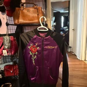 Stylish Purple and Black Bomber Jacket with Rose Embroidery